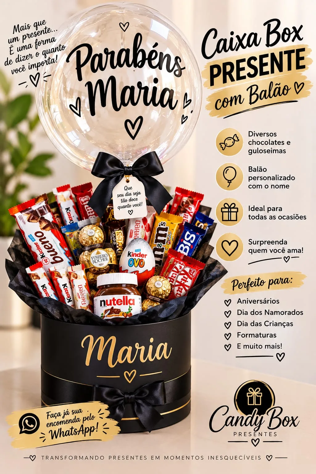 Arte da Caixa Box Presente com balão personalizado, em preto e dourado