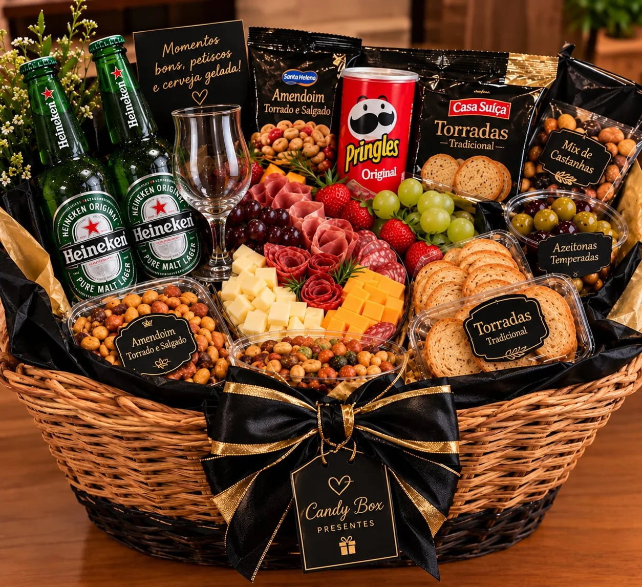 Cesta de vime com cervejas, petiscos, queijos e frios e um laço preto