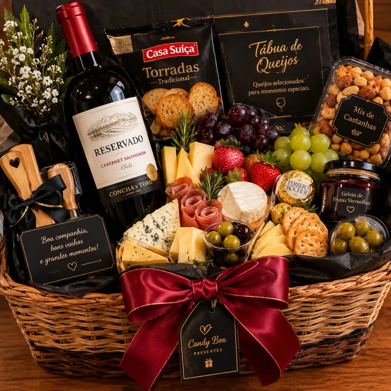 Cesta de vime com vinho, queijos, frutas e laço vinho da Candy Box